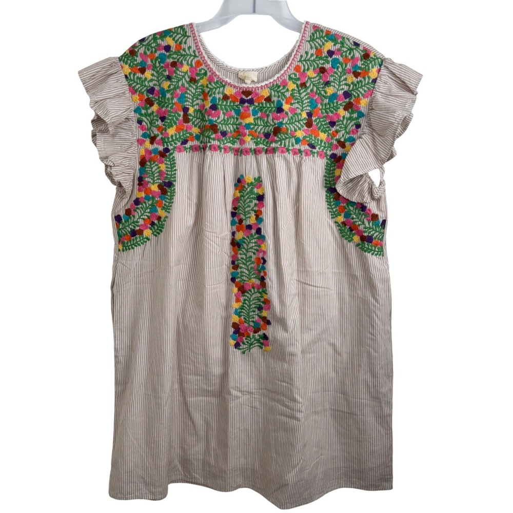 Layerz Clothing Embroidered Striped Shift Dress Womens XL Tan White Ruffle Boho